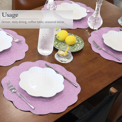 AHHFSMEI Round Scalloped Placemats Set of 6 15 Inch Faux Linen - color: Purple