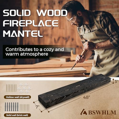 48x7x3in Solid Pine Wood Fireplace Mantel, Weathered Black - color: Weathered Black, size: 48x3x7-solid