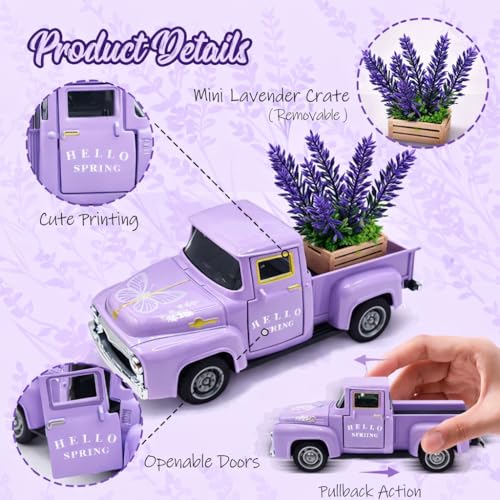 Purple Spring Truck Decor with Lavender Flowers, 5.7 Inch Metal Farm Pickup - color: Purple