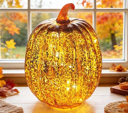 Mercury Glass Pumpkin Lights with Timer Set of 3, Battery Operated Glass Pumpkin for Halloween Thanksgiving Fall Autumn Decorations Tabletop Home Holiday Decor, Gold (Height:5.5“/7.7”)