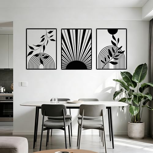 YIYA 3 Pieces Black Metal Wall Decor Black Modern Geometric Wall Decor Hanging Minimalist Line Wall Art for Bedroom Living Room Bathroom Balcony Gallery - style: Round and Leaf