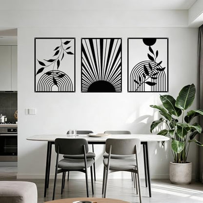 YIYA 3 Pieces Black Metal Wall Decor Black Modern Geometric Wall Decor Hanging Minimalist Line Wall Art for Bedroom Living Room Bathroom Balcony Gallery - style: Round and Leaf