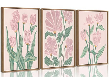 Framed 3 Pcs Pink Tulips Flowers Canvas Wall Art - color: Framed-Tulips, size: 16"L x 12"W