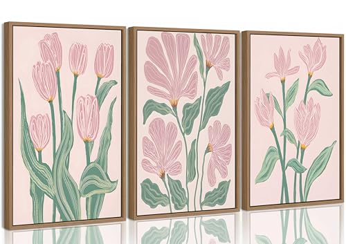 Framed 3 Pcs Pink Tulips Flowers Canvas Wall Art - color: Framed-Tulips, size: 24"L x 16"W