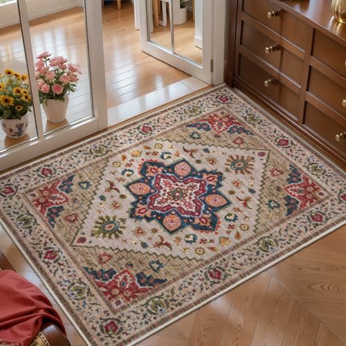 Tangsoo Vintage Small Area Rug, 2x3 Washable Rugs for Entryway Non Slip - color: Beige/Red, size: 2' X 3' (Rectangular)