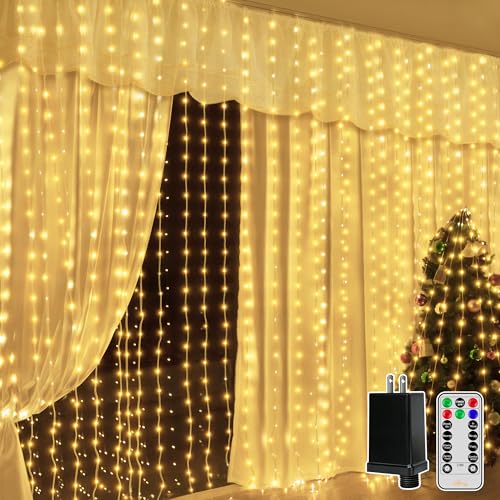 Ollny Curtain Lights 600LED 19.7ft x 9.8ft, IP67 Waterproof (Warm White) - color: Warm White, size: 19.7ft