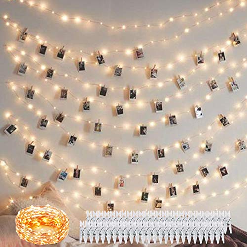 Decute 100 LED 50 Photo Clips String Lights Holder 33FT Starry Fairy Lights for Hanging Pictures Cards Memos USB Powered with Switch Perfect for Bedroom Wedding Dorm Christmas Decor (Warm White) - color: Warm White