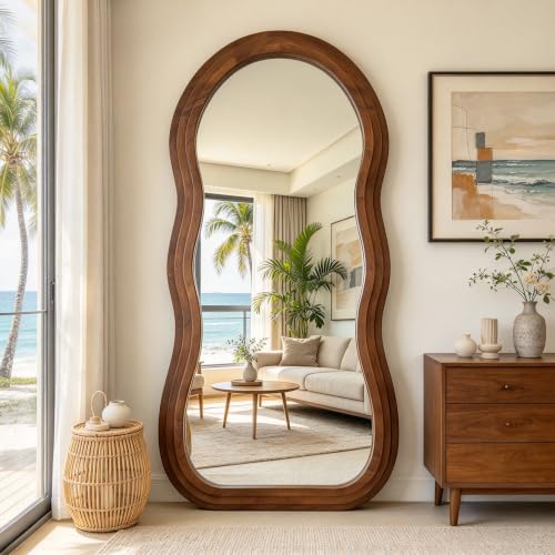 67"x31.5" Wavy Full Length Mirror with 3-Layer Solid Wood Frame - color: Walnut Wavy Frame, size: 67"L x 31.5"W