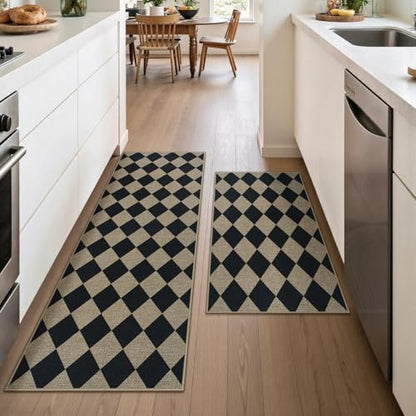 Kitchen Rug Sets and Mats Non Skid Washable of 2 PCS, Checkered Rug - color: Checkered, size: 17.3"x30"+17.3"x47"