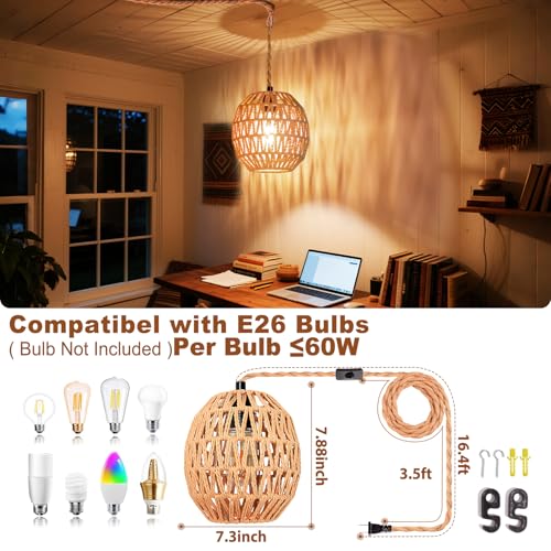 Maliralt Hanging Lamps Rattan Pendant Light Hanging Lights 16.4ft Plug in Cord Pendant Light Fixture Plug Into Wall Outlet Pendant Lighting with On Off Switch for Bedroom Living (Egg Shade) - size: 7.3Inch-Egg Shade