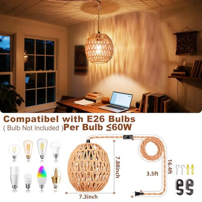 Maliralt Hanging Lamps Rattan Pendant Light Hanging Lights 16.4ft Plug in Cord Pendant Light Fixture Plug Into Wall Outlet Pendant Lighting with On Off Switch for Bedroom Living (Egg Shade) - size: 7.3Inch-Egg Shade