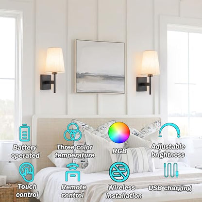 YHCDLAMP Battery Operated Wall Sconces Set of Two,Battery Operated Wall Lights with Remote, Fabric RGB Color Changing Dimmable Wall Lamp for Bedroom Living Room, Easy to Install (Color : Black) - color: Black