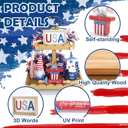 4th of July Decorations 6 Pcs Red White and Blue Tiered Tray Decor Set - color: 4th of July