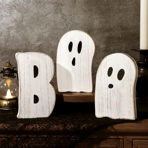 Halloween Table Decorations Indoor: 3pcs Farmhouse Halloween Cute Ghost Decorations, Mini Black White BOO Wood Plank Signs, Rustic Tiered Tray Decor Wooden Ghost Desk Office Decor for Home Kids - style: Rustic