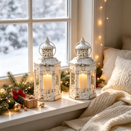 Set of 2 White Distressed Metal Lanterns, Vintage Farmhouse Rustic Hanging Candle Holders, Decorative Wind Lights for Christmas Mantel Tabletop - color: White - Set of 2