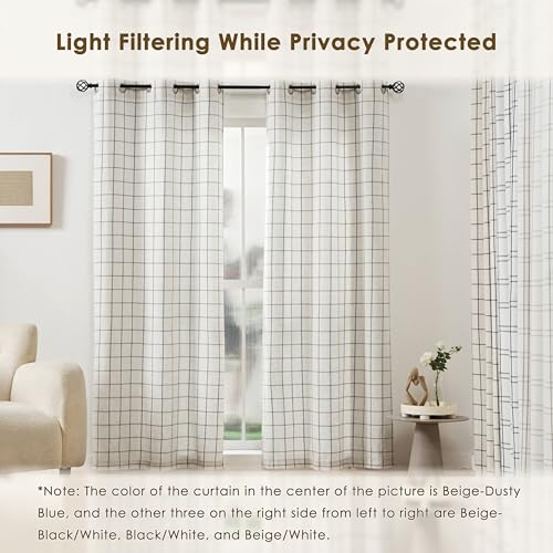 Aspen Plaid 54 Inch Natural Linen Curtains Black White Stripes - color: Plaid Beige/Black, size: 40"W x 54"L (Pack of 2)