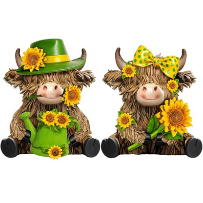 2 Pcs Resin Highland Cow Figurine Decor, Brigh Sunflower Style - style: Bright Sunflower