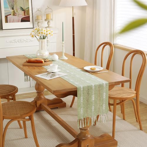 Rustic Boho Table Runner, Farmhouse Table Runners 90 Inches Long for Kitchen Dining Room, 13x90 Inches, Sage Green Lines - color: Hollow Sage Green Lines, size: 13"x90" / 33x228cm