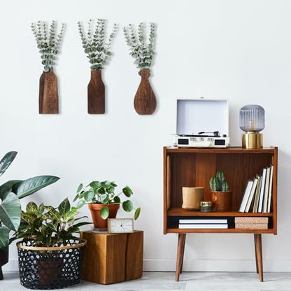 Kathfly 3pcs Wooden Wall Planter Vase with 3pcs Artificial Eucalyptus Boho Hanging Planter for Indoor Plants Wood Wall Art Decor Modern Farmhouse Entryway Bathroom Decor