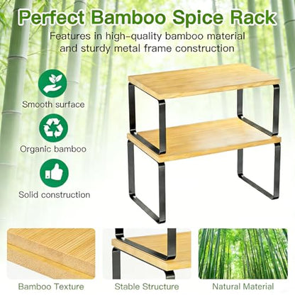 Simple Trending Bamboo Cabinet Organizer Shelf, Set of 2 Kitchen Counter Shelves, Stackable Expandable Spice Rack Kitchen Storage, Black and Natural Beige - size: Set of 2 Shelves
