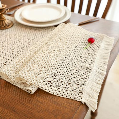 Simple&Opulence Boho Macrame 100% Cotton Table Runner - 12 x 72 Inch, Woven Farmhouse Table Runner with Fringed Edges for Bohemian Rustic Wedding, Bridal Shower, Dinner （Beige） - size: 12"x72", style: Cotton / Beige