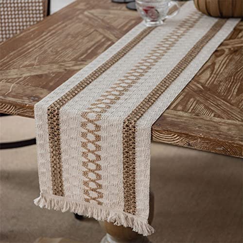 Boho Burlap Macrame Table Runner, Farmhouse Style Cotton Linen Rustic Woven Table Runner with Tassels for Dining, Wedding, Bridal Shower, Bohemian (12x72 inch, Coffee Lines) - color: Coffee Lines, size: 12x72 inch