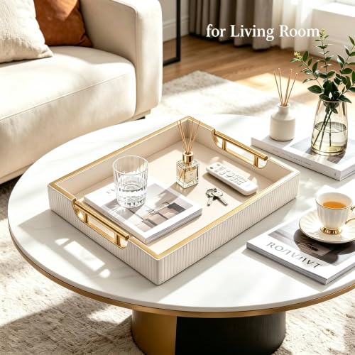 16''x12'' Leather Coffee Table Serving Tray with Gold Handle(Large White) - color: White