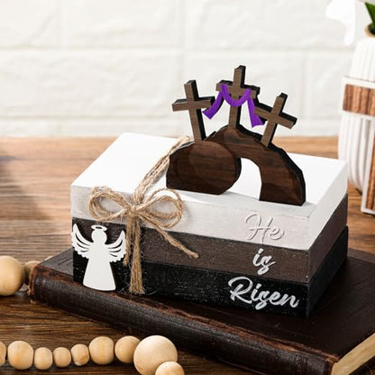 Spiareal 4 Pcs Easter Tiered Tray Decor He is Risen Wooden Sign Easter Religious Cross Christian Spring Table Centerpiece Decorative Stack Faux Book Block for Table Fireplace Mantel Floating Shelf - size: He is Risen