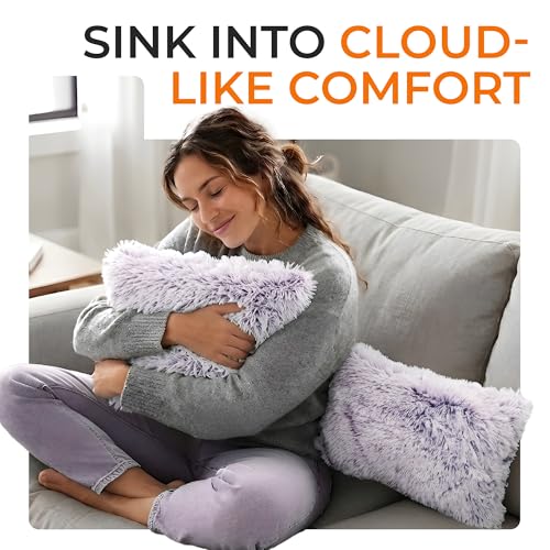 Cheer Collection Throw Pillows for Couch and Bed, Soft Shaggy Throw Pillows with Inserts Included, Cozy Long Hair Faux Fur Pillows - Set of 2-12" x 20" - Purple - color: Purple Ombre, size: 12" x 20"