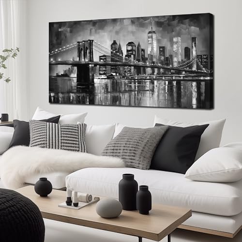 MDHKVPM Brooklyn Bridge Canvas Wall Art For Living Room Large Size - color: Black and White, size: 58"L x 29"W