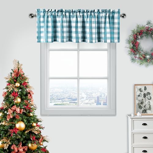 Amzdecor Teal White Buffalo Plaid Valance Semi Sheer Cafe Curtain 55"x15" - color: Teal/White