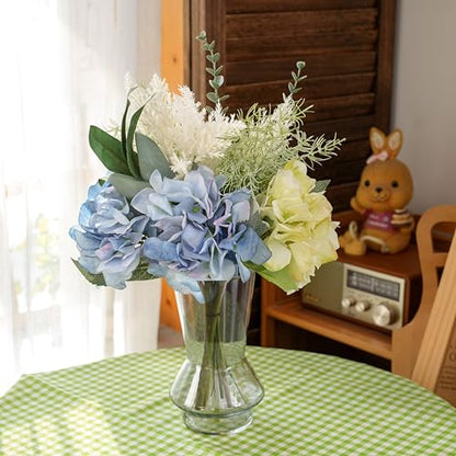 LUEUR Artificial Blue Hydrangea Flowers in Vase Centerpiece – Coastal Style - color: Green & Yellow