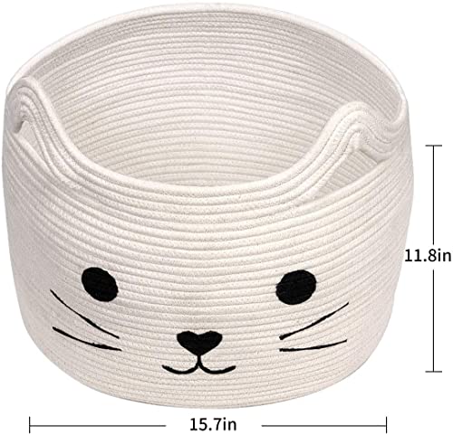 Large Woven Rope Cat Toy Basket with Cat Face Design, White - color: White, size: 15.7"W x 11.8"H