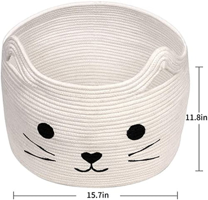 Large Woven Rope Cat Toy Basket with Cat Face Design, White - color: White, size: 15.7"W x 11.8"H