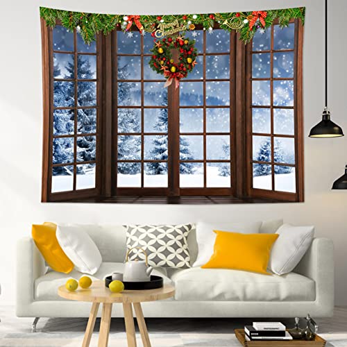 HVEST Winter Tapestry Snow Forest outside Windows Tapestries Wall Hanging Red Christmas Balls and Christmas Wreath Tapestry for Bedroom Living Room Dorm Wall Decor, 59W x 51H inches - color: Brown, size: 51"L x 59"W