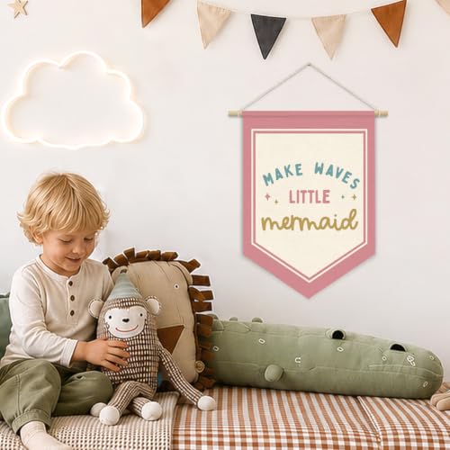 Pink Mermaid Ocean Nursery Wall Art Decor Wall Hanging Flag - color: 04-Make Waves Little Mermaid(Beige)