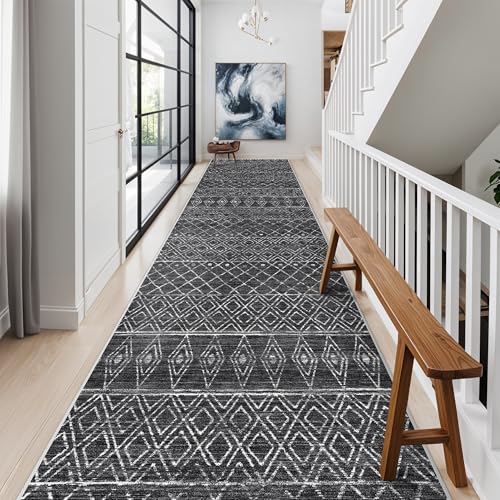 Washable 2.6x14 Runner Rug Moroccan: Hallway Non Slip Geometric Rugs Black - color: Black, size: 2'6" x 14' (Rectangular)
