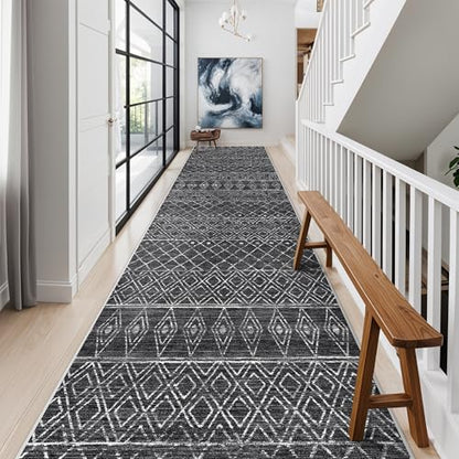 Washable 2.6x14 Runner Rug Moroccan: Hallway Non Slip Geometric Rugs Black - color: Black, size: 2'6" x 14' (Rectangular)