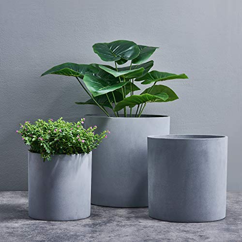 FaithLand 12 Inch Fiberstone Planter - Lightweight Modern Cylinder Plant Pot with Drainage Hole & Plug, Authentic Concrete Look, Gray - color: Gray, size: 12 Inch