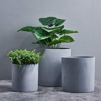 FaithLand 14 Inch Fiberstone Planter - Lightweight Modern Cylinder Plant Pot with Drainage Hole & Plug, Authentic Concrete Look, Gray - color: Gray, size: 14 inch