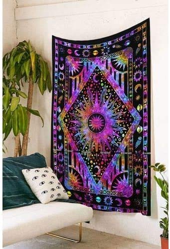 ANJANIYA Burning Sun Tie Dye Tapestry, Celestial Sun Moon Star Planet Bohemian Twin Tapestry Tarot Card Wall Hanging Boho Coverlet Curtain (Purple Multi, 55"X85") - color: Purple Multi, size: 85"L x 55"W