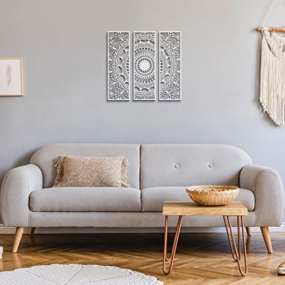 Blulu 3pcs Mandala Wall Art Carved Wood Wall Art Floral Aesthetic Wooden Plaque Set Wood Carving Decor Farmhouse Modern Cutout Plaque for Home Bathroom Decoration(15.8 x 5.1 Inch,White)