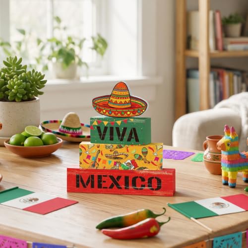 Smile Mexican Independence Day Wooden Block Decor Set Viva Mexico Sombrero Tiered Tray Tabletop Signs for Home and Party Decor - style: Mexico