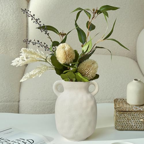 Rustic White Ceramic Vase for Home Decor, Antique Farmhouse Clay Jug Pitcher Vases for Aesthetic Textured Large Vintage Pottery with Handle for Centerpiece… - size: 9''A