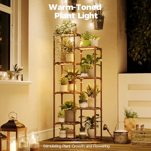 Bamworld Plant Stand with Grow Lights, 9 Tier Tall Large Wood Plant Shelf - color: Brown, size: 9 Tiers - Pro