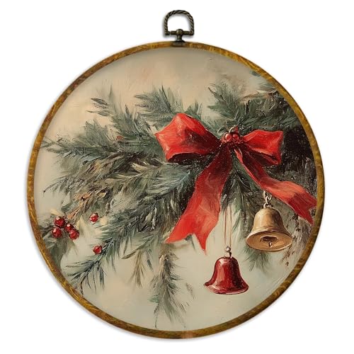 XPH Rustic Christmas Round Wall Art Framed, Winter Coquette Red Bow Bell Botanical Circle Wall Decor, Farmhouse Christmas Hanging Canvas Prints for Home Bedroom Living Room Decoration, 10x10 Inch - color: Christmas 14