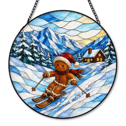 Gingerbread Skiing Suncatcher Stained Glass Window Hanging, Winter Christmas Gingerbread Ski Scene Sun Catchers Indoor Garden Glass Round Wall Decor, Xmas Wall Art Hanging Decorations 7.8x7.8 - color: Christmas_17