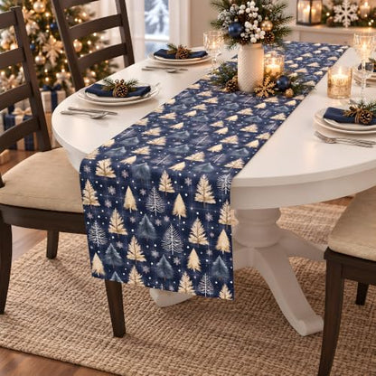 Christmas Decorations - Navy Blue Xmas Tree Snowflake Winter Table Runner - color: Xmas Tree Snowflake