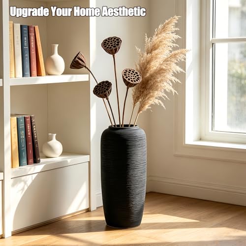 Black Rustic Ceramic Floor Vase, 15.7 Inch, Ribbed Texture - size: 15.7 Inch