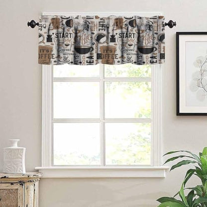 Coffee Valance Curtains, Fun Running Cup Coffee Beans Beige Retro Window Treatment Valance for Kitchen Dinning Room Living Room Cafe, 54x18 Inch - color: Coffee-1, size: 53"W x 18"L (Pack of 1)